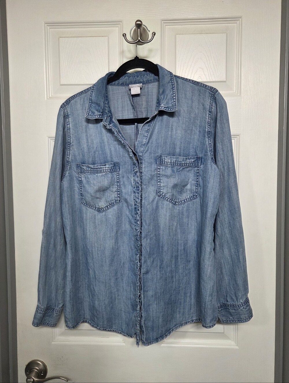 Chico's Light Blue Denim Chambray Frayed Shirt Western Boho Rodeo Festival Large